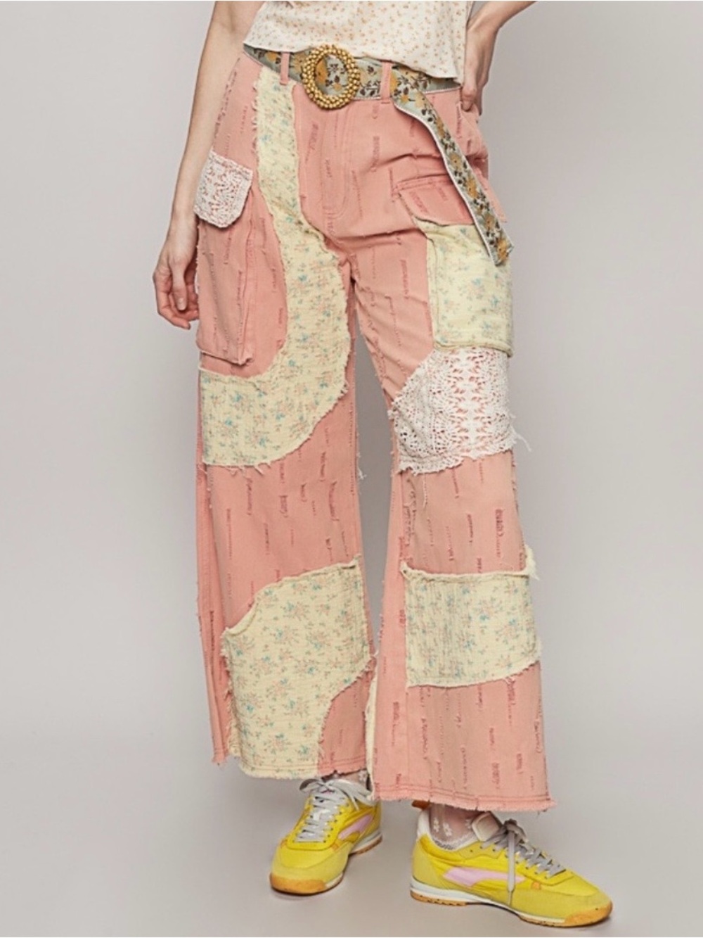 New POL Boho jeans, pants, patchwork watermelon, yellow, wavy detail